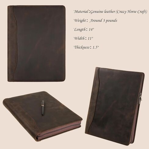 Genuine Leather Padfolio,11"×14" Padfolio Organizer with Zipper,Professioal Business Portfolio Padfolio for Men and Women,Personalized Engraved Padfolio in Kuwait