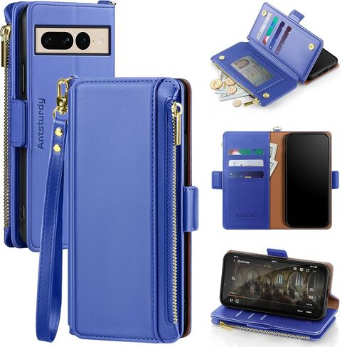 Antsturdy Compatible with Google Pixel 7 Pro Wallet Case [RFID Blocking] [Zipper Poket] PU Leather Flip Book Protective Cover with Slots Magnetic Clasp Credit Card Holder Kickstand Men Women(Purple) in Saudi Arabia