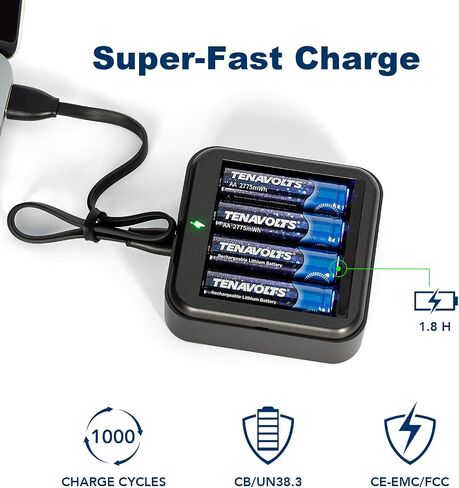 بطارية Tenavolts 1.5v AAA الليثيوم القابلة لإعادة الشحن ، شحن سريع 1.8 ساعة ، شاحن USB ، إخراج ثابت عند 1.5 فولت ، 1110 ميجاوات ، 4 تعداد مع شاحن in Saudi Arabia