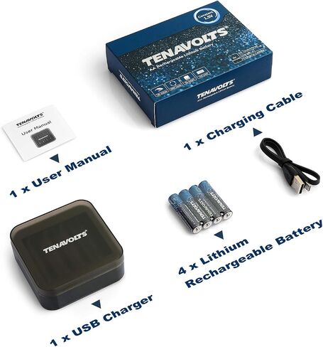 بطارية Tenavolts 1.5v AAA الليثيوم القابلة لإعادة الشحن ، شحن سريع 1.8 ساعة ، شاحن USB ، إخراج ثابت عند 1.5 فولت ، 1110 ميجاوات ، 4 تعداد مع شاحن in Saudi Arabia