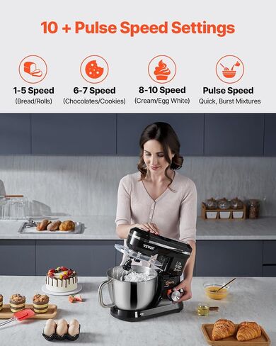 VEVOR Stand Mixer, 5QT Dough Mixer, 10+P Speeds Tilt-head Food Mixer, Kitchen Mixer with Stainless Steel Bowl, Dough Hook, Wire Whip, Beater, Scraper, Household Stand Mixer for Baking Mixing, Black in Saudi Arabia