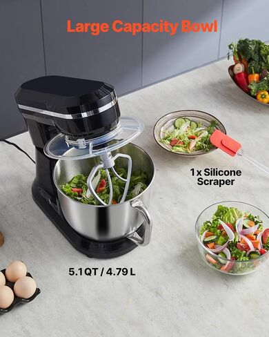 VEVOR Stand Mixer, 5QT Dough Mixer, 10+P Speeds Tilt-head Food Mixer, Kitchen Mixer with Stainless Steel Bowl, Dough Hook, Wire Whip, Beater, Scraper, Household Stand Mixer for Baking Mixing, Black in Saudi Arabia