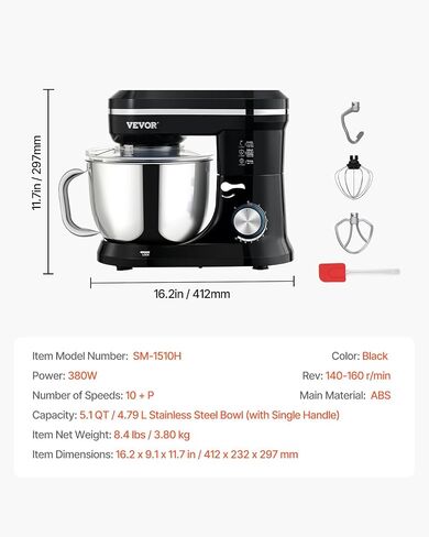 VEVOR Stand Mixer, 5QT Dough Mixer, 10+P Speeds Tilt-head Food Mixer, Kitchen Mixer with Stainless Steel Bowl, Dough Hook, Wire Whip, Beater, Scraper, Household Stand Mixer for Baking Mixing, Black in Saudi Arabia