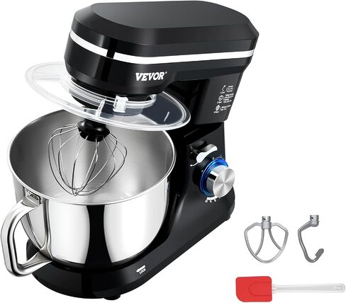 VEVOR Stand Mixer, 5QT Dough Mixer, 10+P Speeds Tilt-head Food Mixer, Kitchen Mixer with Stainless Steel Bowl, Dough Hook, Wire Whip, Beater, Scraper, Household Stand Mixer for Baking Mixing, Black in Saudi Arabia