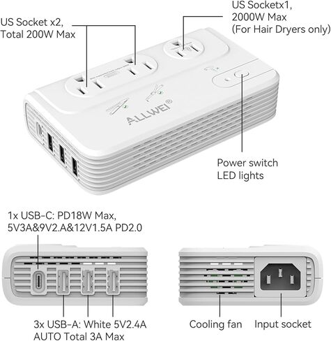 ALLWEI 220V to 110V Travel Voltage Converter us to Europe, Step Down Converter for Hair Straightener/Curling Iron, International Power Adapter for EU/UK/AU/US (White) in Saudi Arabia