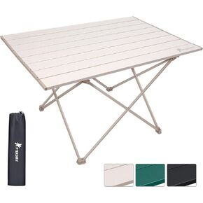 PTEROMY Folding Camping Table with Ultralight Aluminum Tabletop, Camping Side Table Portable Beach Table Outdoor Folding Table for Camping, Picnics, and BBQs (Medium, Beige)