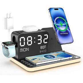 acer 7-in-1 Wireless Charging Station: Charger Stand for Multiple Devices for Apple - iPhone 16 15 14 13 12 Pro Max Apple Watch Airpods, Wireless Charger iPhone Charging Station with Bluetooth TimeSyn