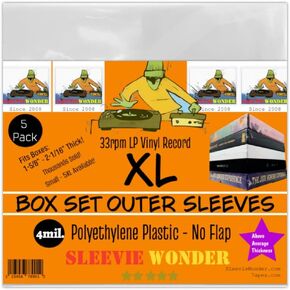 XL Box Set Sleeves (5) No Flap 4mil Thick Strong Polyethylene Plastic for 33rpm LP Vinyl Record Album Boxset (+1 Free Dj Sticker)