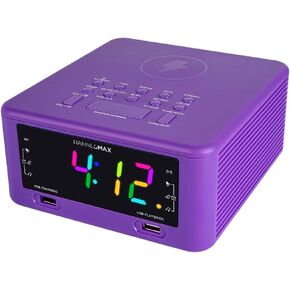 HANNLOMAX HX-206Wi Alarm Clock Radio with Wireless Charger, RGB Color Display, USB Port for Charging and MP3 Playback, Bluetooth, Soothing Sleep Sounds, Aux-in, AC Operation only. (Purple)