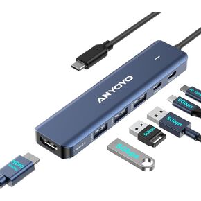 ANYOYO USB C Hub Dual Monitor 4K@60Hz, 6 in 1 USB C Multiport Adapter with 1xHDMI, 1xUSB C Video&Data Output for USB C Portable Monitor, 3xUSB C 10Gbps,100W PD, USB C Splitter For Dell/HP/Mac Pro/iPad