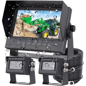 7" 1080P AHD Wired Reverse Rear View Backup Two-Camera System,Guide line, IP69K Waterproof Monitor& Camera, Night Vision, Vibration-proof 10G for Tractor/Truck/Excavator/Van/Skid Steer/Heavy Equipment