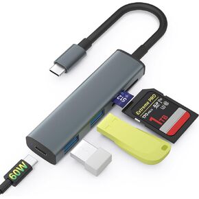 USB C SD Card Reader, Memory Card Reader with 60W PD Charger Adapter SD Card Adapter with SD/TF/USB 4 Ports for iPhone 15/16 iPad Pro MacBook Pro/Air iMac Android and More USB-C Devices