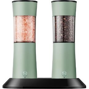 Gravity Electric Salt and Pepper Grinder Set–USB-C Rechargeable Charging Base Pepper Mill, Dual LED Light, Adjustable Coarseness,One-Handed Operation, Stainless Steel Sage Green Finish,2pack