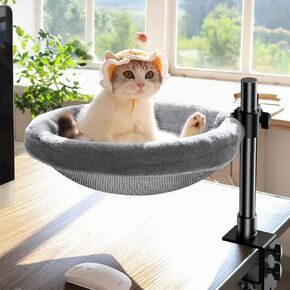 Cat Desk Bed,Cat Hammock for Home Office，360°Rotating & Adjustable Shelf,Supports 33 lbs,Removable Comfortable Soft Pet Nest Bed,Modern Unique Kitten Furniture Attachment for Game Tables,Grey