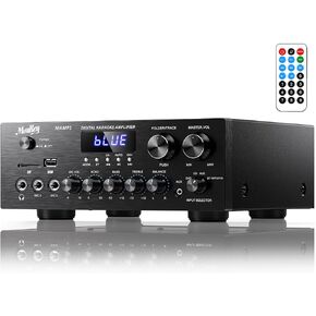 Moukey Stereo Receivers, 2.0 Channel Power Audio Amplifier System with Bluetooth 5.0 w/USB, SD, AUX, RCA, MIC in w/Echo, LED for Karaoke, Home Theater Speakers