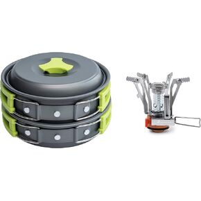 MalloMe Camping Cookware Mess Kit with Backpack Stove - Camping Cooking Set - Camping Pot and Pans Backpacking Gear- Hiking Stove/Backpacking Stove - Camp Accessories Equipment