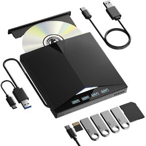 External CD/DVD Drive for Laptop, Portable 7 in1 USB 3.0 CD ROM External Drive, CD Reader for PC with 4 USB Ports and TF/SD Card Slots, DVD Drive Usb External for Windows 11/10/8/7/XP/Linux/MacOS