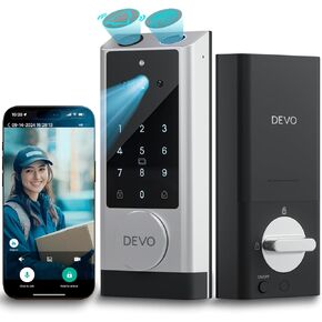 Devo G1 Video Smart Lock مع كاميرا وبوث ، قفل باب الدخول 6 في 1 غير مفتاح مع مجموعة مقبض ، عن بُعد ، معرف بصمات الأصابع ، أقفال تلقائية ، Wi-Fi Deadbolt المدمج للباب الأمامي للباب الأمامي