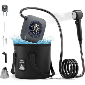 Moriko Portable Shower for Camping, 8000mAh Rechargeable Camping Shower with Intelligent LED Display, IPX8 Waterproof, 5 Gallons Foldable Bucket, Outdoor Shower for Hiking, Travel, Car, Pet, Beach, RV