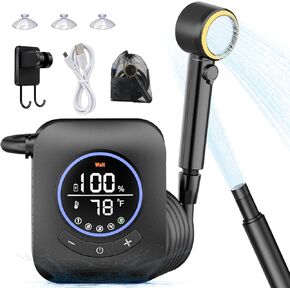 Upgraded 8000mAh & 5 Speed Portable Shower for Camping, LCD Display Rechargeable Camping Shower Head with 4 Spray Modes, IPX8 Waterproof Pocket Outdoor Shower Pump for Hiking, Travel, Car, Pet