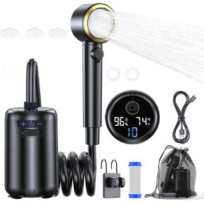 Portable Camping Shower, 8000mAh Rechargeable Outdoor Electric Shower Pump, Shower Head with LED Display, 3 Spray Mode, IPX7 Waterproof Shower Kit for Camp, Hiking, Car Washing,Travel