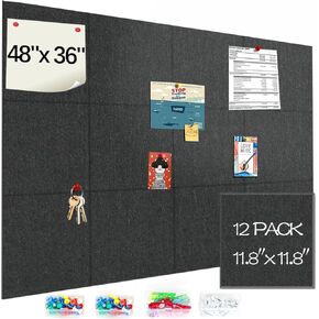Black Felt Cork Board 48"X36" 12 PCS， Alternative Office Bulletin Board, Felt Wall Tiles with Removable Self-Adhesive & Pushpins, Large Pin Tack Board for Home Walls Decor