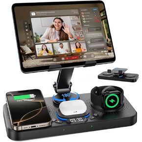 6 in 1 Charging Station for Apple Products, Foldable Wireless Charger with Clock Display& 7 Color Ambient Light, for iPad/Tablet Charging Station for iPhone16/15/14, for Apple Watch10/9 for AirPods4/3