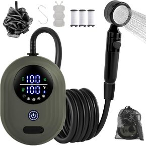 Lightweight Portable Camping Shower, 6000mAh Rechargeable Outdoor Shower Pump with 5 Pressure Modes, Filtered Shower Head, Temperature & Power Display for Hiking, Travel, Washing, Emergency