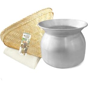 Sticky Rice Cooking Set Aluminum Cook Pot Diameter 8 1/2" (22 cm), Bamboo Steamer Basket with 24’’ Cheesecloth