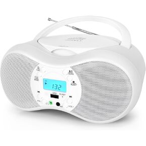 مشغل أقراص مضغوطة محمولة Boombox ، و Boombox CD Player Combo للأطفال ، و AC والبطارية ، CD MP3 WMA CDS متوافقة ، إدخال AUX 3.5 مم ومقبس سماعة الرأس ، صوت ستيريو واضح للمنزل (2025 White الأنيقة)