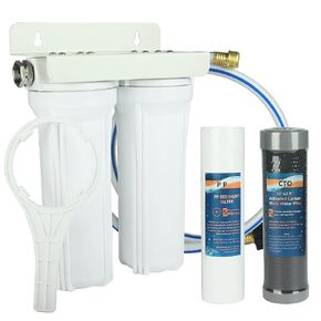 Premier RV Water Filter System - 2 Stage with Hose Fitting,3/4" Lead-Free 304 Adapters, Reduces Chlorine, Bad Odors, Sediment, Compatible with RVs, Boats, Washing & Showering