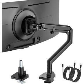 monTEK Single Monitor Arm with USB A/C, Ultrawide Monitor Stand for 17 to 57 Inch Curved Screen, Holds 59.4 lbs, Adjustable Gas Spring Arm, 75/100 VESA Mount, Clamp & Grommet Desk Mount, White