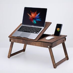 Laptop Stand for Bed, Adjustable Laptop Lap Desk and Lap Tray with Built-in Storage, Foldable and Ergonomic Design for Reading, Writing, and Working (Walnut)