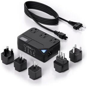 Universal 100V-220V Travel Converter，250W Voltage Converter with 2 USB and 2 USB-C Charging Ports and 3 AC Plugs for curlers, straighteners, Included Plugs are Type A, C, D, G, I, L