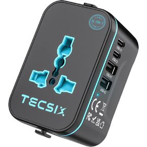 Universal Travel Adapter Worldwide, TECSIX European Travel Plug Adapter with 2 USB C, 2 USB A and Multi AC Outlets, International Power Converter for EU US UK AUS 200+ Countries Type A C G I