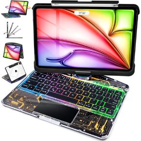 iPad 11th(A16, 2025) & 10th Generation Case with Keyboard, 360° Rotating Multi-Touch Trackpad, 7-Color RGB Backlit, Transparent Back, Pencil Holder, Type-C Charging, Aurora Core X