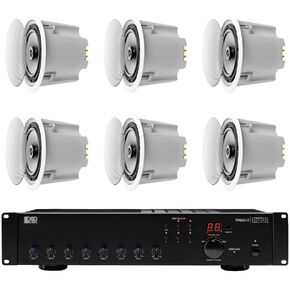 Commercial Speaker Bundle – 240W 70V 5-Zone Amplifier and 6 Ceiling Speakers with Backcans – Audio Distribution System for Business, Office, Restaurants or Home Use