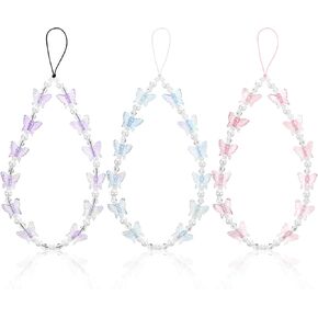 3 PCS Butterfly Phone Charms, Y2K Beaded Phone Charms Strap, Butterfly Pearl Beaded Phone Case Lanyard Wrist Strap, Colorful Butterflies Decoration Charms for Women and Girls