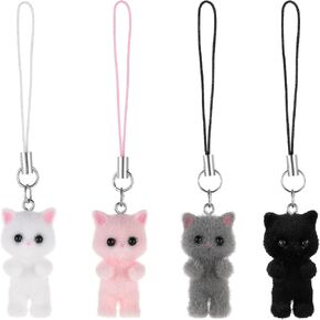 4Colors Cat Phone Charm Kit, Cute Cell Phone Strap Charms Plush Cat Pendant Keychain, Kawaii Lanyard Accessories Stuffed Animal Keychains for Women Bag Backpack Camera Mobile Phone Decor