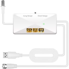TV Antenna Amplifier Signal Booster, 25dB High Gain Powerful Antenna Booster for TV Antennas Indoor/Outdoor, No Noise, Clear Up Low Pixelated, Adjustable Reception Range, USB Power (White, Compact)