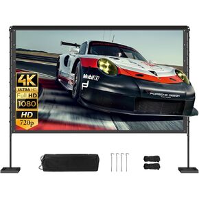 Queension 120 inch Outdoor Projector Screen with Stand, Portable Projector Screen 16:9 HD 4K, Movies Screen with Carry Bag for Outside Backyard, Indoor Wrinkle-Free Screen for Home Theater