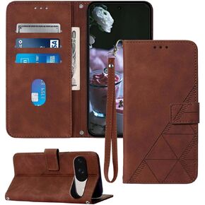 for Pixel 9/9 Pro Case Wallet,Card Holder Slots Wrist Strap TPU Interior Protective,Stand PU Leather Folio Flip Cover for Google Pixel 9/9 Pro (Brown)