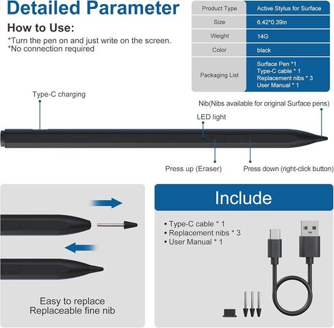 Microsoft Surface Pen for Microsoft Surface Pro 11/10/9/8/7/6/5/4 ، Surface Book/Labtop/Go/Studio ، Surface Pro Pen Windows Stylus مع رفض النخيل ، قابلة لإعادة الشحن ، 4096 PENSIVAL SELUS PEN PEN in Saudi Arabia