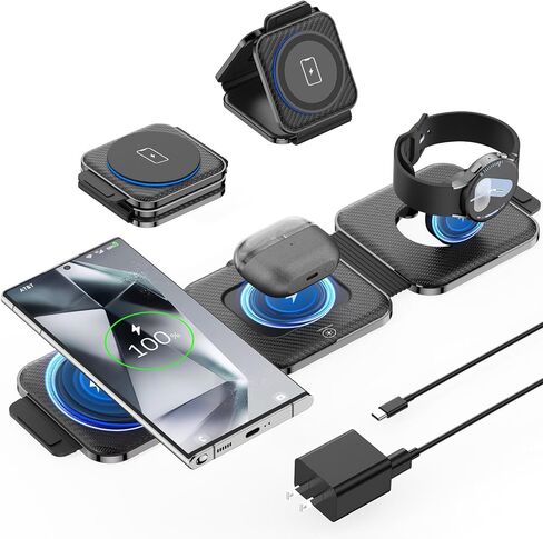 Foldable 3 in 1 Wireless Charger for Samsung Multiple Devices, Travel Wireless Charging Station/Stand for Galaxy S25 Ultra/S24/Z Fold Flip 6/5, Charger Dock Stand for Samsung Watch 7, Buds Pro3（Black） in Kuwait