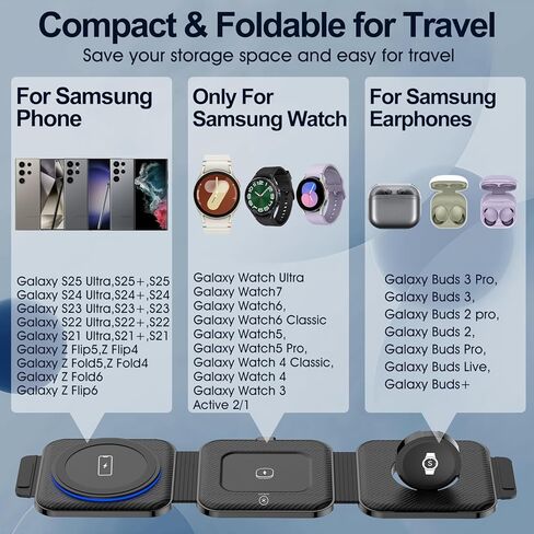 Foldable 3 in 1 Wireless Charger for Samsung Multiple Devices, Travel Wireless Charging Station/Stand for Galaxy S25 Ultra/S24/Z Fold Flip 6/5, Charger Dock Stand for Samsung Watch 7, Buds Pro3（Black） in Kuwait
