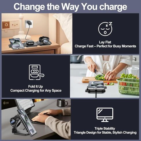 Foldable 3 in 1 Wireless Charger for Samsung Multiple Devices, Travel Wireless Charging Station/Stand for Galaxy S25 Ultra/S24/Z Fold Flip 6/5, Charger Dock Stand for Samsung Watch 7, Buds Pro3（Black） in Kuwait