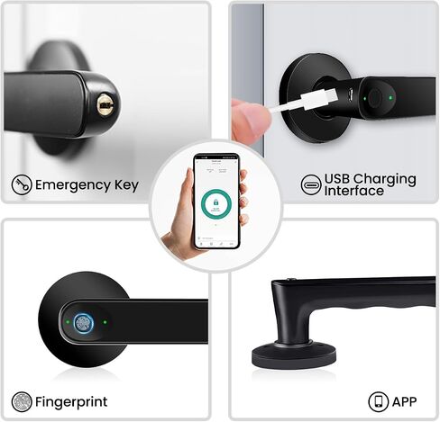 Fingerprint Smart Door Lock, Keyless Entry Door Lock with Handle, Door Knob with APP, Code, Fingerprint, Backup Key for Bedroom, Home, Hotel, Office, Apartment, (Black) in Kuwait