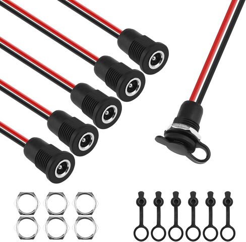 10A DC-099 Power Jack Cord Socket, 5.5x2.1MM Threaded Female Mount Connector Adapter with 5.9 Inch 18AWG Pre-soldered Wires and Waterproof Cover Cap (6 Pack) in Saudi Arabia