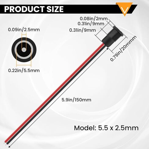10A DC-099 Power Jack Cord Socket, 5.5x2.1MM Threaded Female Mount Connector Adapter with 5.9 Inch 18AWG Pre-soldered Wires and Waterproof Cover Cap (6 Pack) in Saudi Arabia