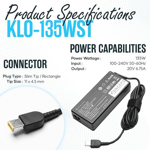 135W 20V 6.75A Laptop Charger - AC Adapter 100-240V 50-60Hz Compatible with Multiple Models of Dell, HP and Apple - Thinkpad Charger (KLO-135WSTNS) in Saudi Arabia